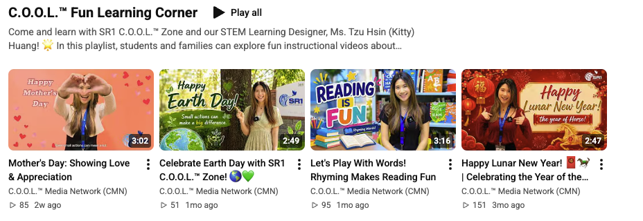 C.O.O.L. Fun Learning Corner YouTube playlist with Kitty's instructional video thumbnails