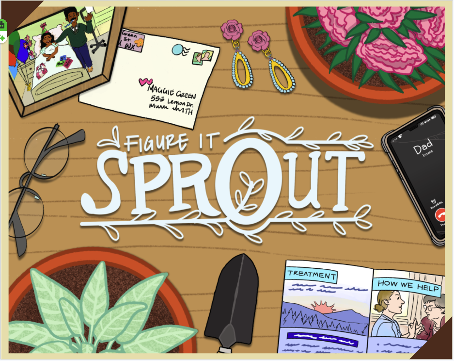 Figure It Sprout game cover showing Maggie's garden, plants, and puzzle-play materials