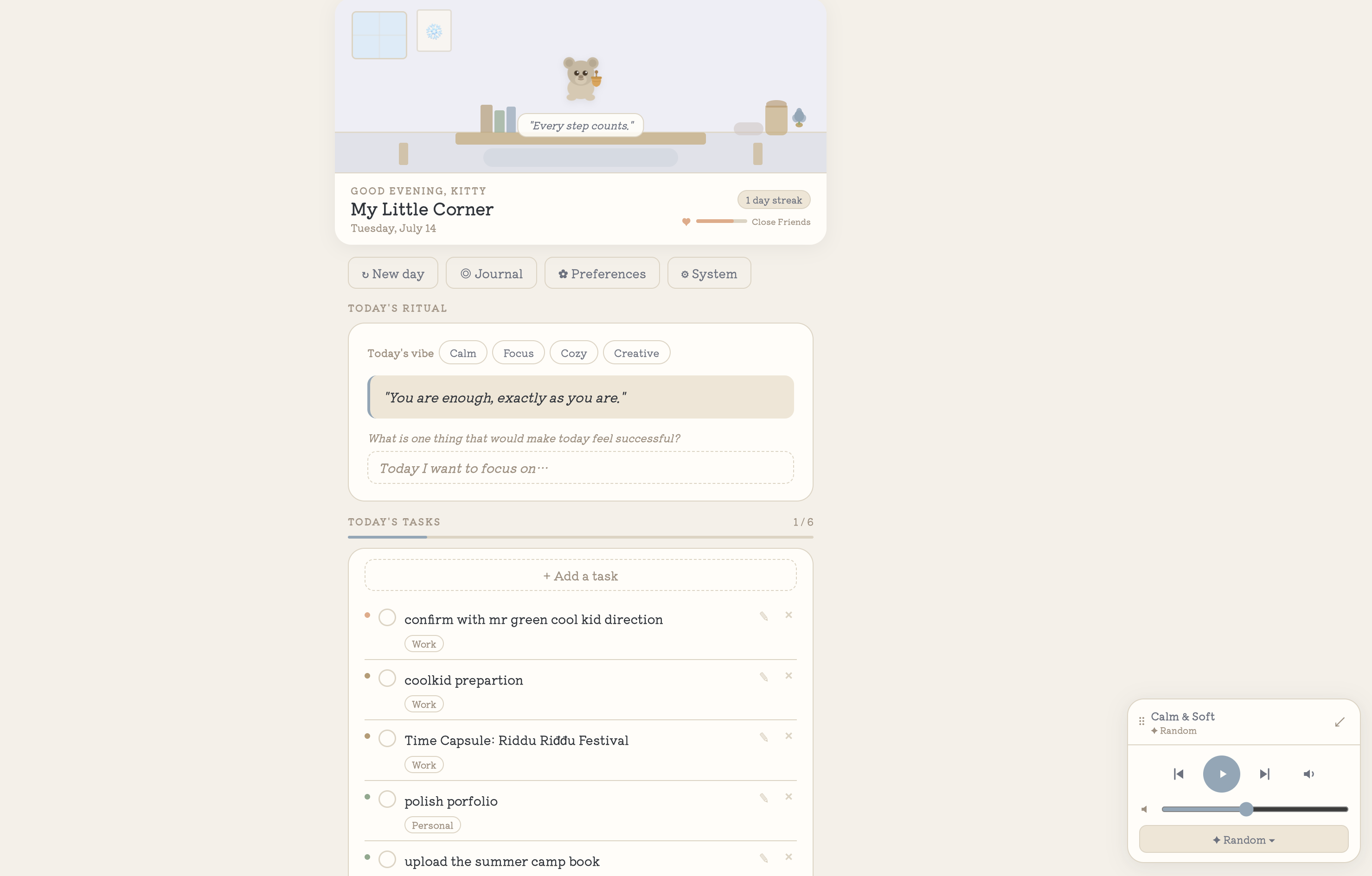 My Little Corner dashboard with a calming daily task ritual, companion, task list, and music player